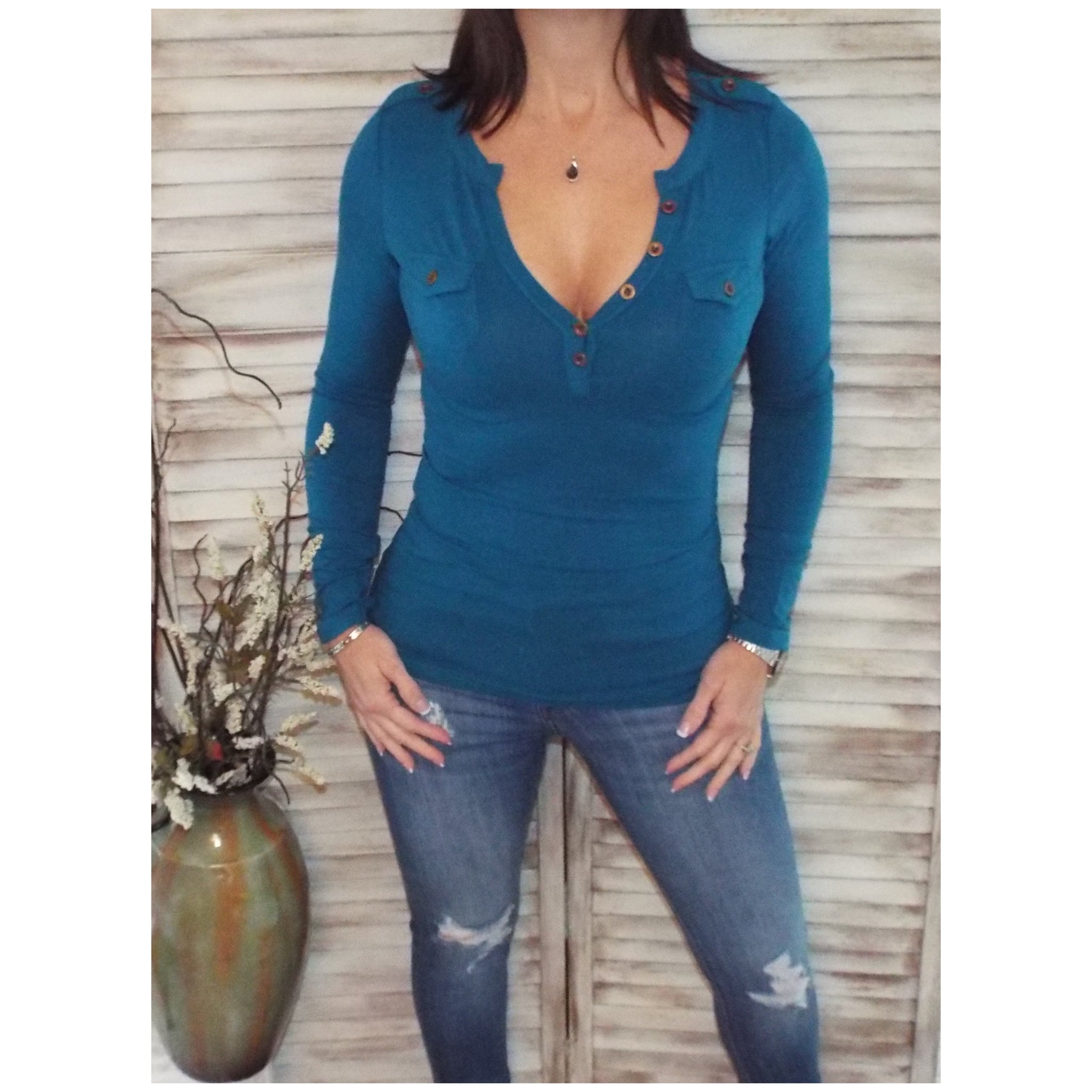 Sexy Deep V Neck Plunge Cleavage Military Henley Pocket Long Sleeve Top Teal