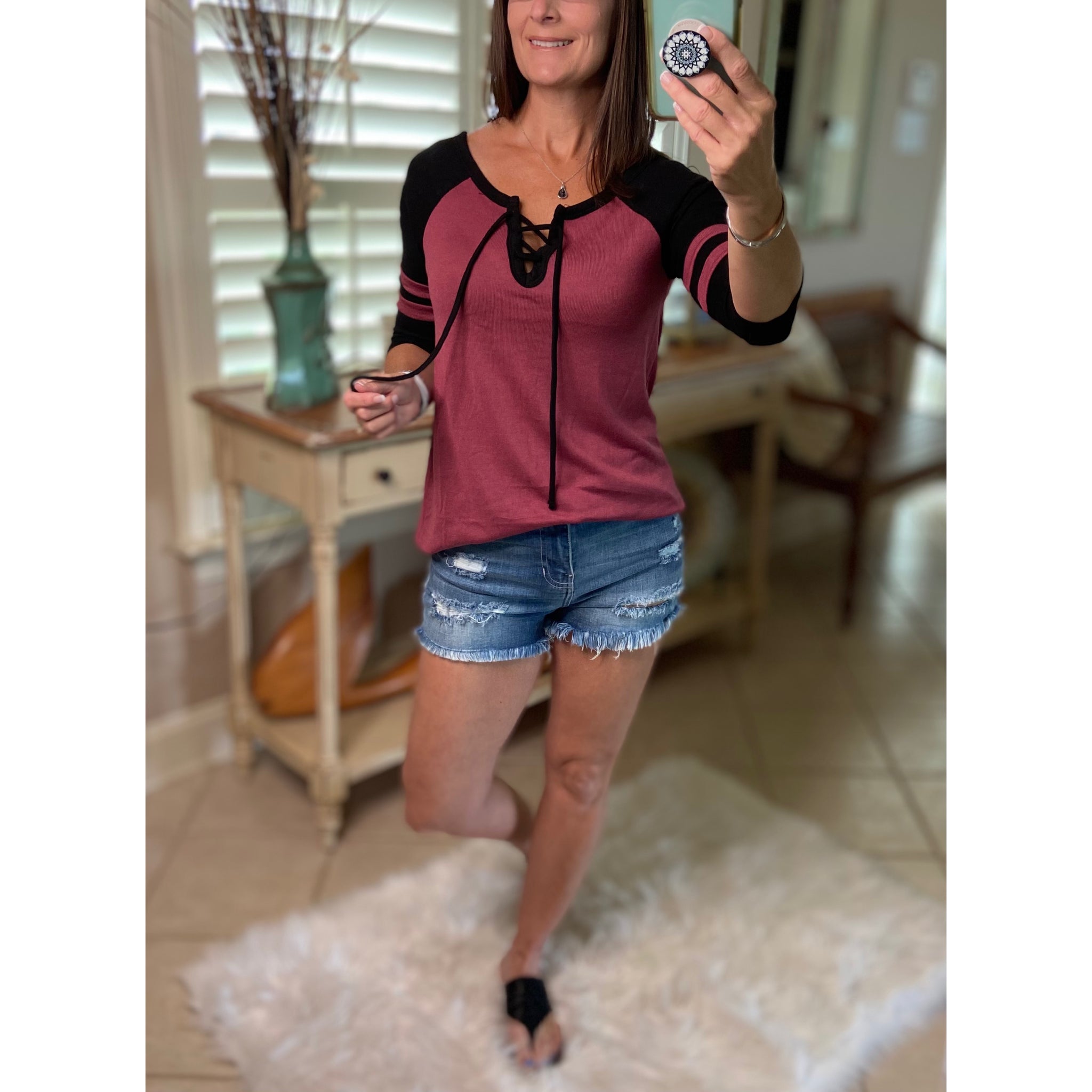 “Game Changer” Sporty 3/4 Sleeve Lace Up V-Neck Raglan Jersey Sporty Stretch Shirt Maroon
