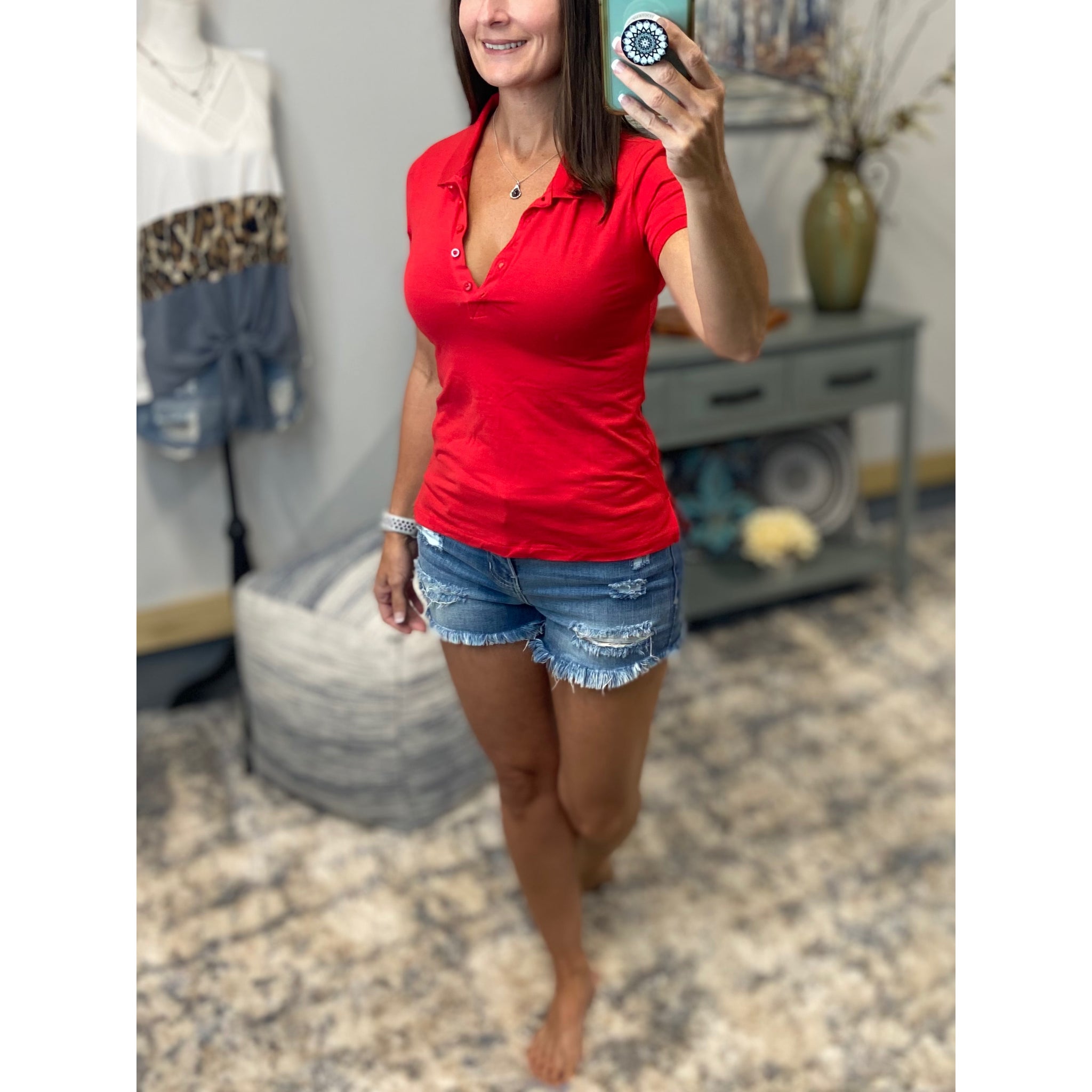 Basic Polo Low Cut Henley Collar Slim Fitted Preppy Stretch Top Red S/M/L