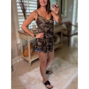 “Heat Wave” Reversible Camouflage Low Scoop Or V Neck Spaghetti Strap Tank Top Green