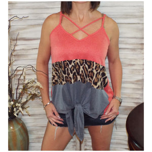 Sexy V-Neck Floaty Self Tie Animal Print Color Block Summer Tank Coral