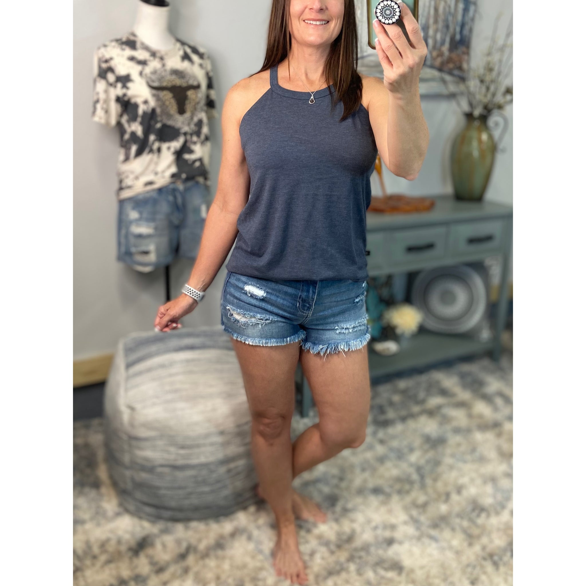 Tri Rocker Racerback Scoop Neck Floaty Trendy Tank Top Navy Blue S/M/L/XL
