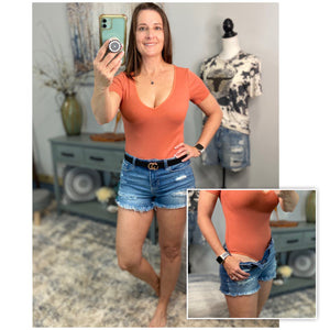 “What's Your Name” Ribbed Bodysuit Deep V Neck Slimming Short Sleeve Terracotta Rust