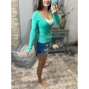“Keepin’ Me Warm” Preppy Cropped Cleavage Full Button Up Cardigan Long Sleeve Sweater Dark Mint