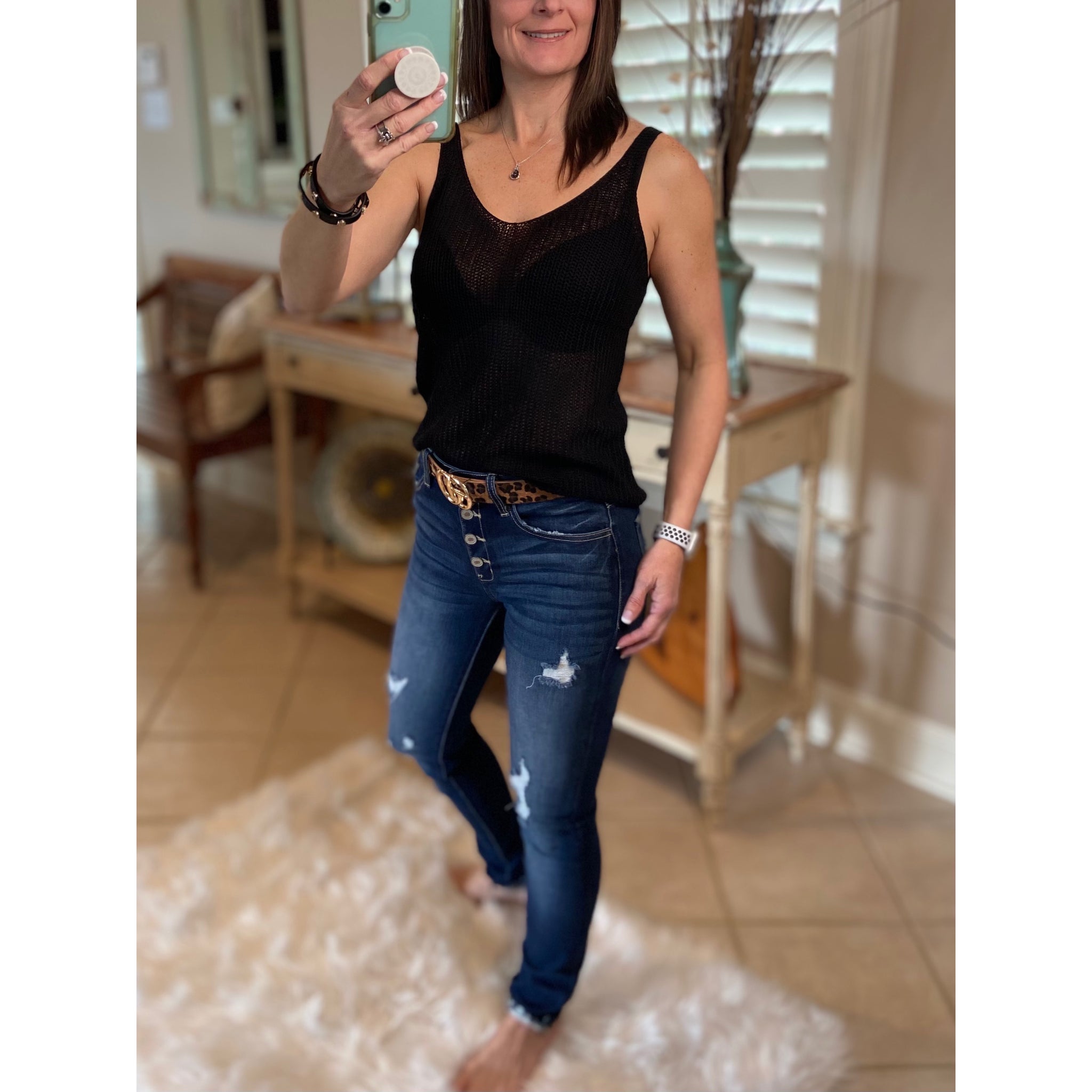 “Spring Fling” Sexy Low Double V Neck Back Sleeveless Dressy Knit Sweater Tank Black