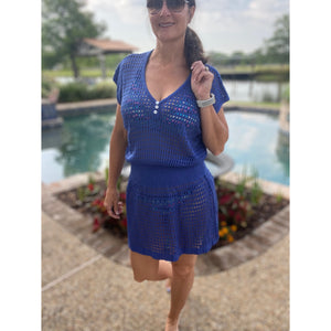 “Ocean Eyes” Crochet Mesh V Neck Mini Beach Swimsuit Cover Up Beach Pool Royal Blue One Size