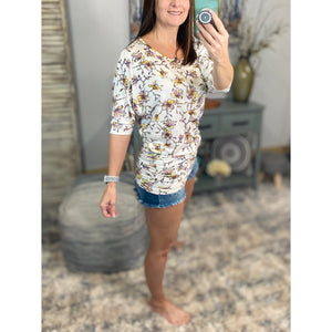 “Everybody Talks” Floral Dolman Tunic 3/4 Sleeve Ruching Detail Top Dress Cream S/M/L/XL