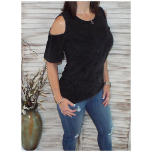 Sexy Scoop Neck Bell Sleeve Cold Shoulder Cutout Top Mineral Wash Black