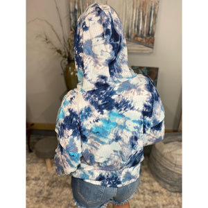 “Free Bird” Tie Dye Crew Neck Waffle Drawstring Light Long Sleeve Hoodie Blue