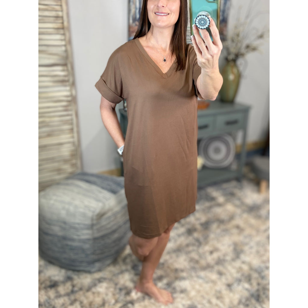 "Timeless" Boxy V-Neck Rolled Cuff Sleeve Pocket Summer Tee Shirt Dress Mocha S/M/L/XL