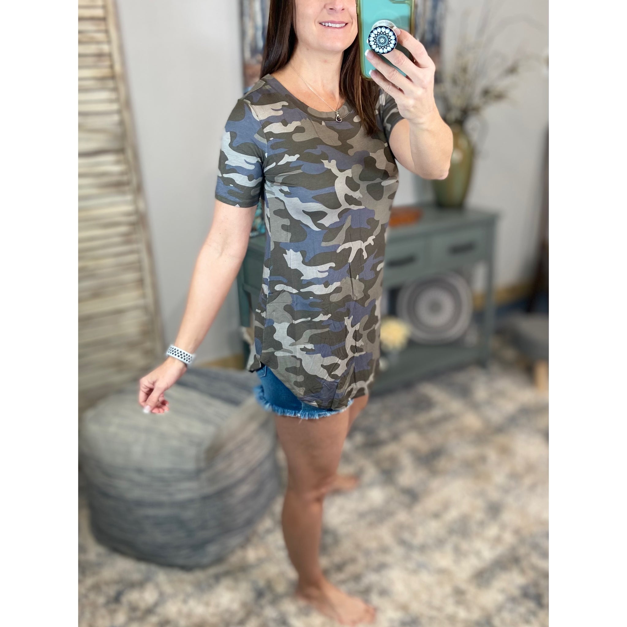 "Summertime Tee" Camouflage Loose Floaty Round Neck Pocket Boyfriend Tee Shirt Army Green S/M/L/XL