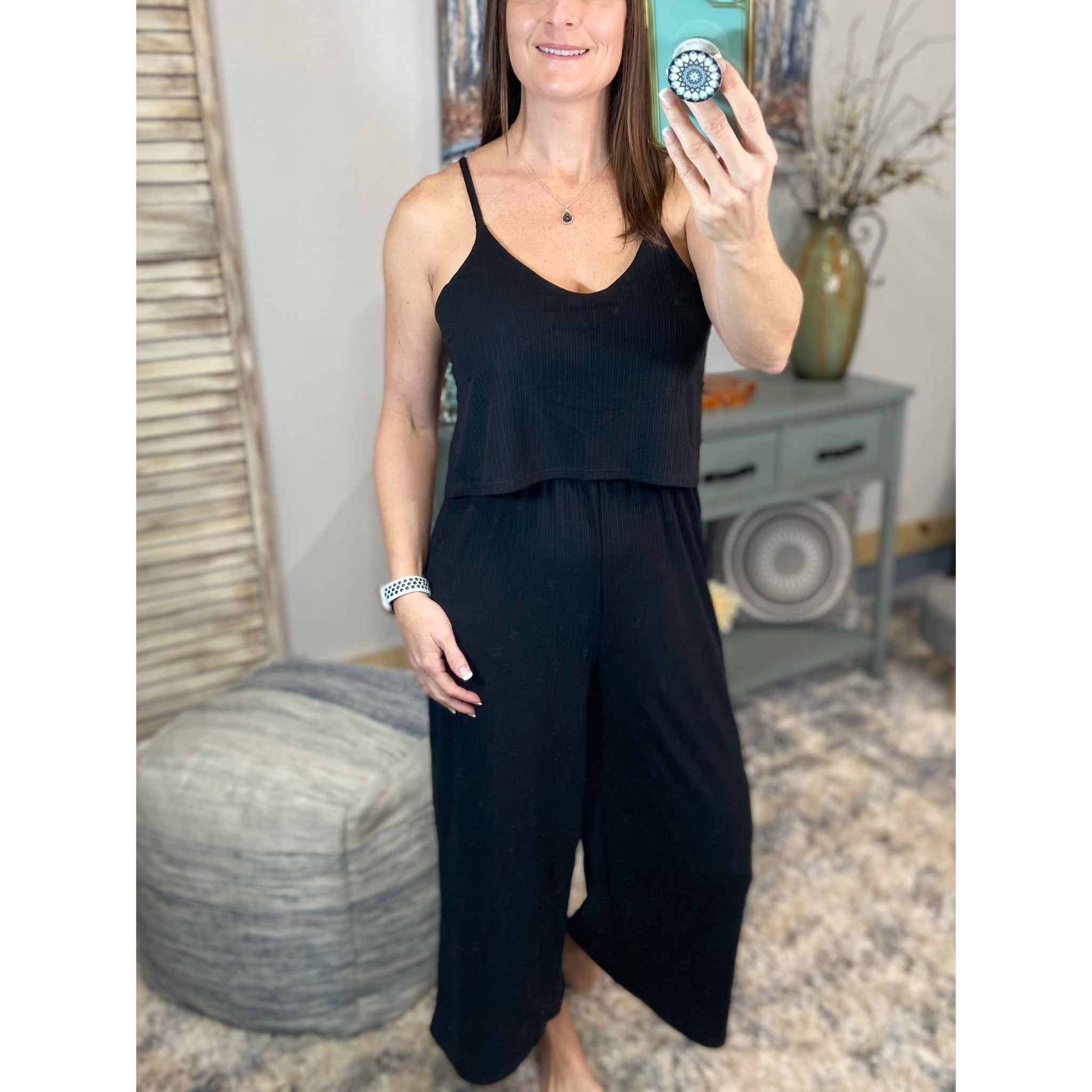 “Endless Summer” Ribbed V-Neck Sleeveless Spaghetti Strap Dressy Jumpsuit Black