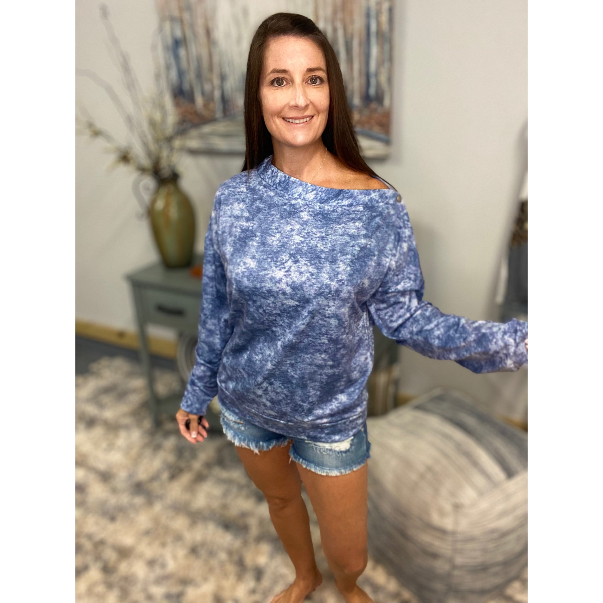 "That's a Wrap" Multi Tie Dye Snap Detail Thermal Wide Neck Off Shoulder Banded Blue Top S/M/L