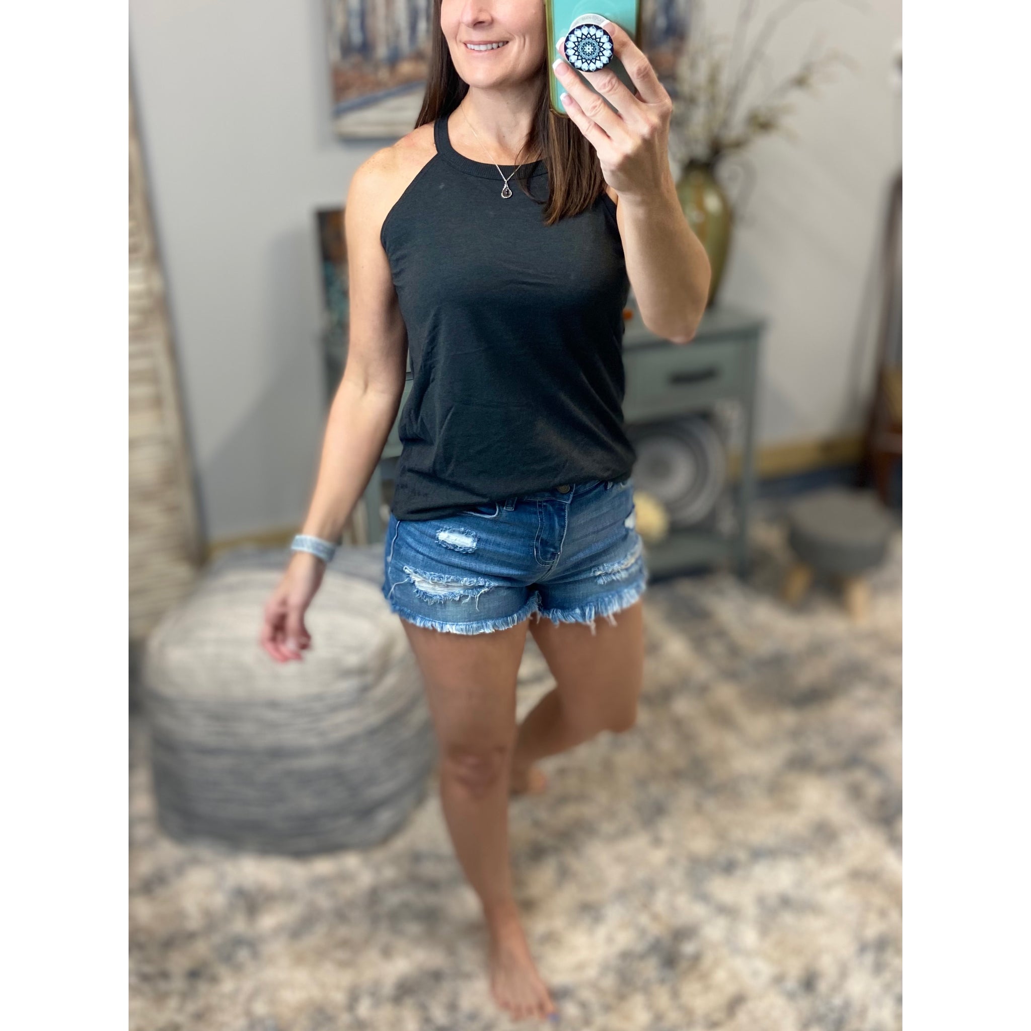 Tri Rocker Racerback Round Neck Floaty Trendy Tank Top Summer Charcoal Gray