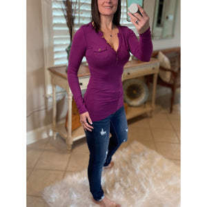 Sexy Deep V Neck Plunge Cleavage Military Henley Pocket Top Plum