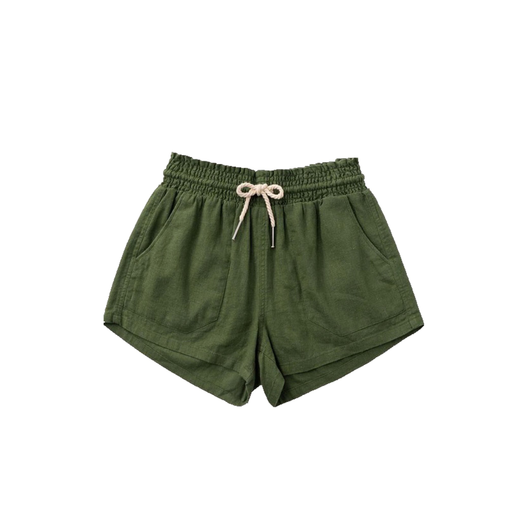 Basic Linen Pocket Drawstring Elastic Waist Dressy Shorts Bottoms Olive S/M/L