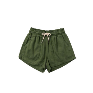 Basic Linen Pocket Drawstring Elastic Waist Dressy Shorts Bottoms Olive S/M/L