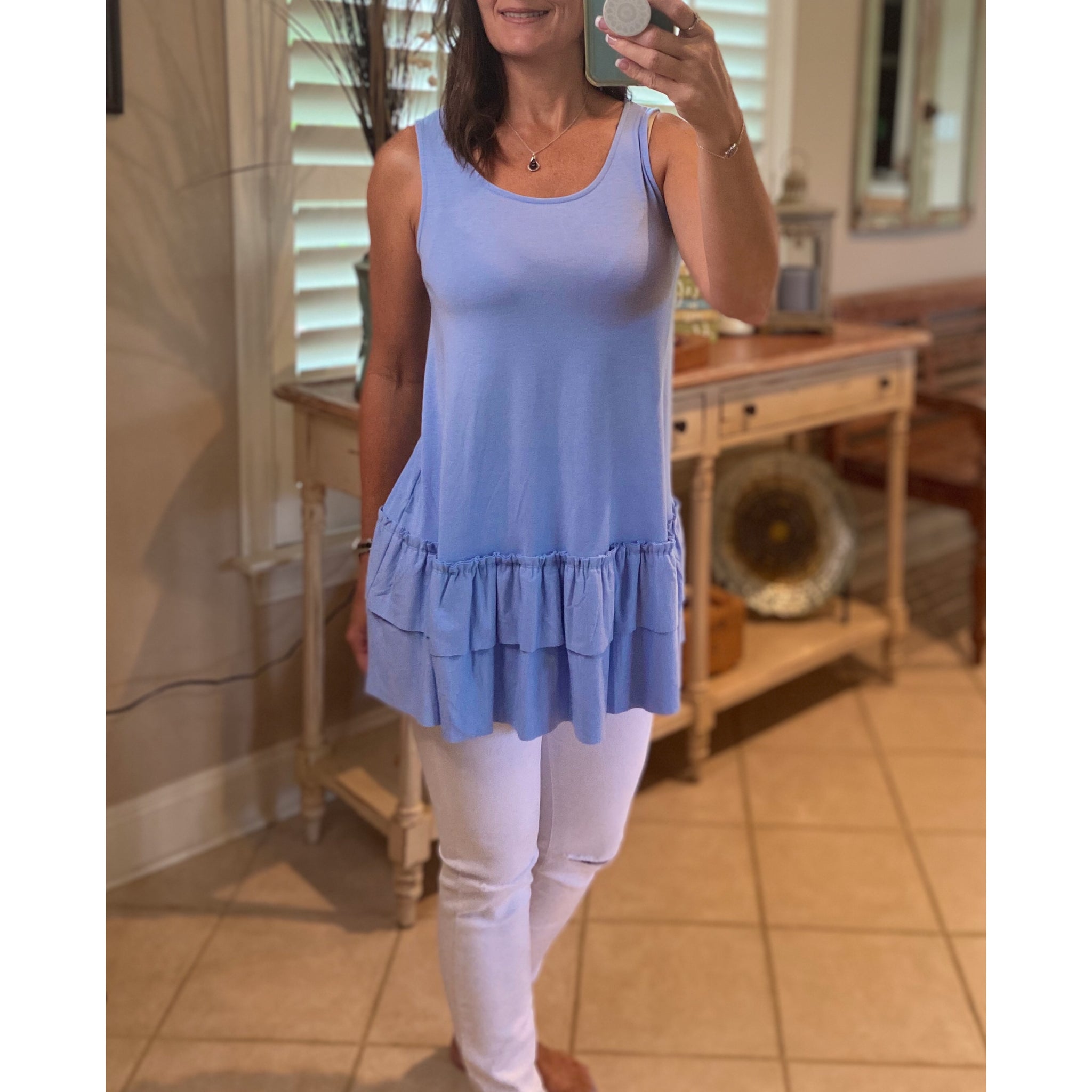 Ruffle Bottom Scoop Neck Sleeveless Floaty Tunic Tank Top Spring Blue