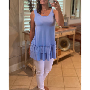 Ruffle Bottom Scoop Neck Sleeveless Floaty Tunic Tank Top Spring Blue