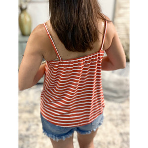 “On My Way” Striped Scoop Neck Faux Button Floaty Adjustable Spaghetti Strap Summer Tank Fuchsia Orange S/M/L