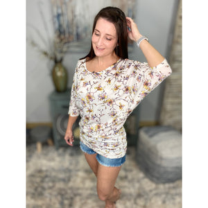 “Everybody Talks” Floral Dolman Tunic 3/4 Sleeve Ruching Detail Top Dress Cream S/M/L/XL