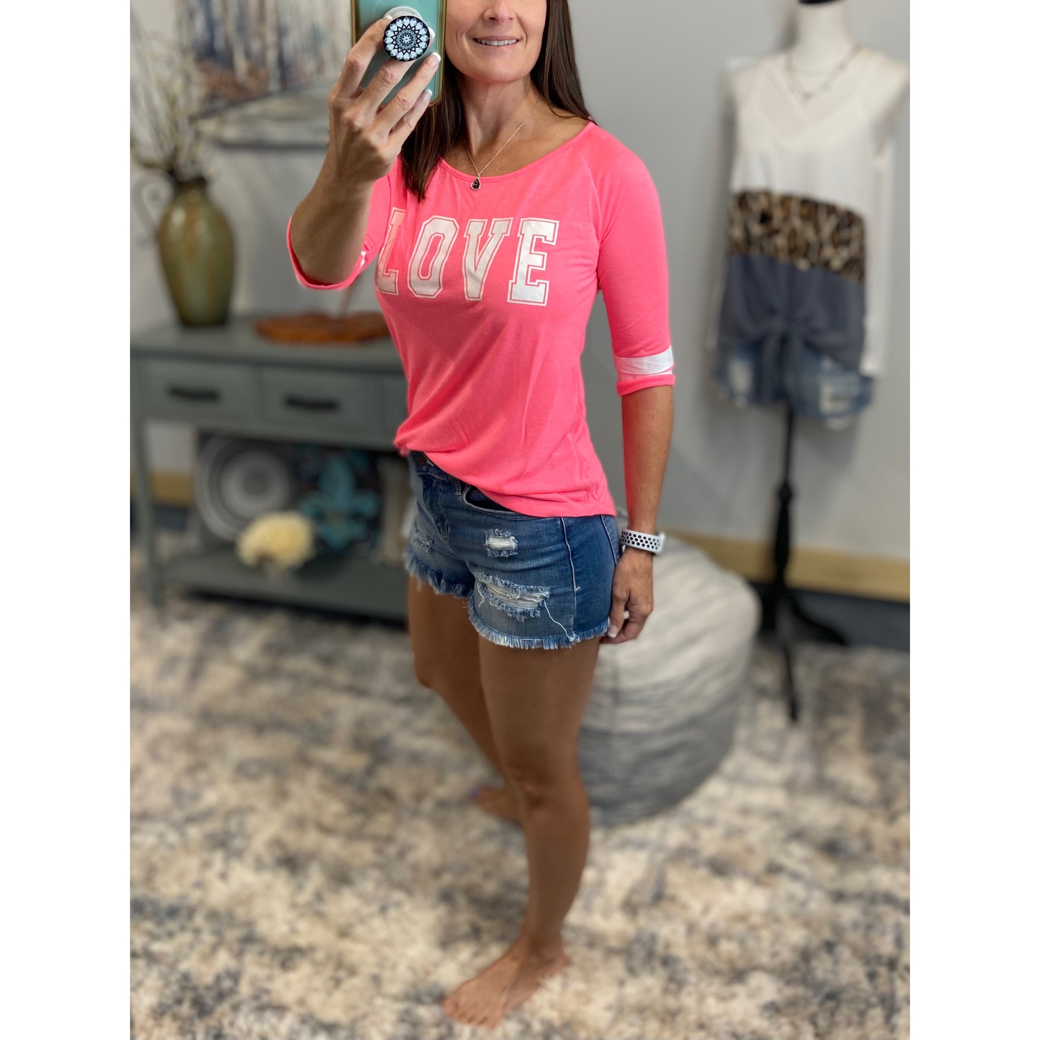 “Love On The Run” LOVE Sporty Football Sporty Floaty Scoop Tee Shirt Neon Pink S/M/L