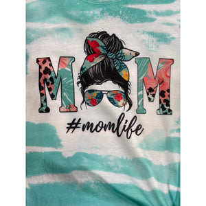 “Mom” #momlife Messy Bun Sunglasses Headband Bleached Sublimation Boyfriend Basic Tee Shirt Green S/M/L/XL/2X