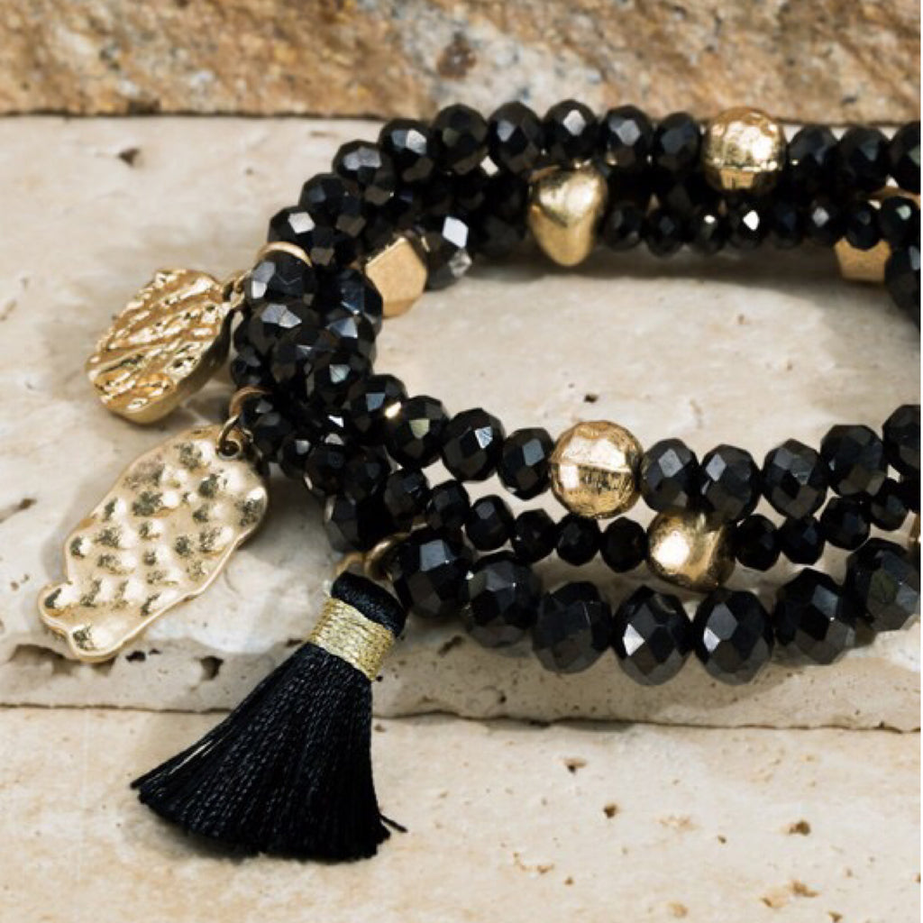 Glass Bead 3 Strand Set w/Tassel Hammered Charms Stretchy Elastic Black