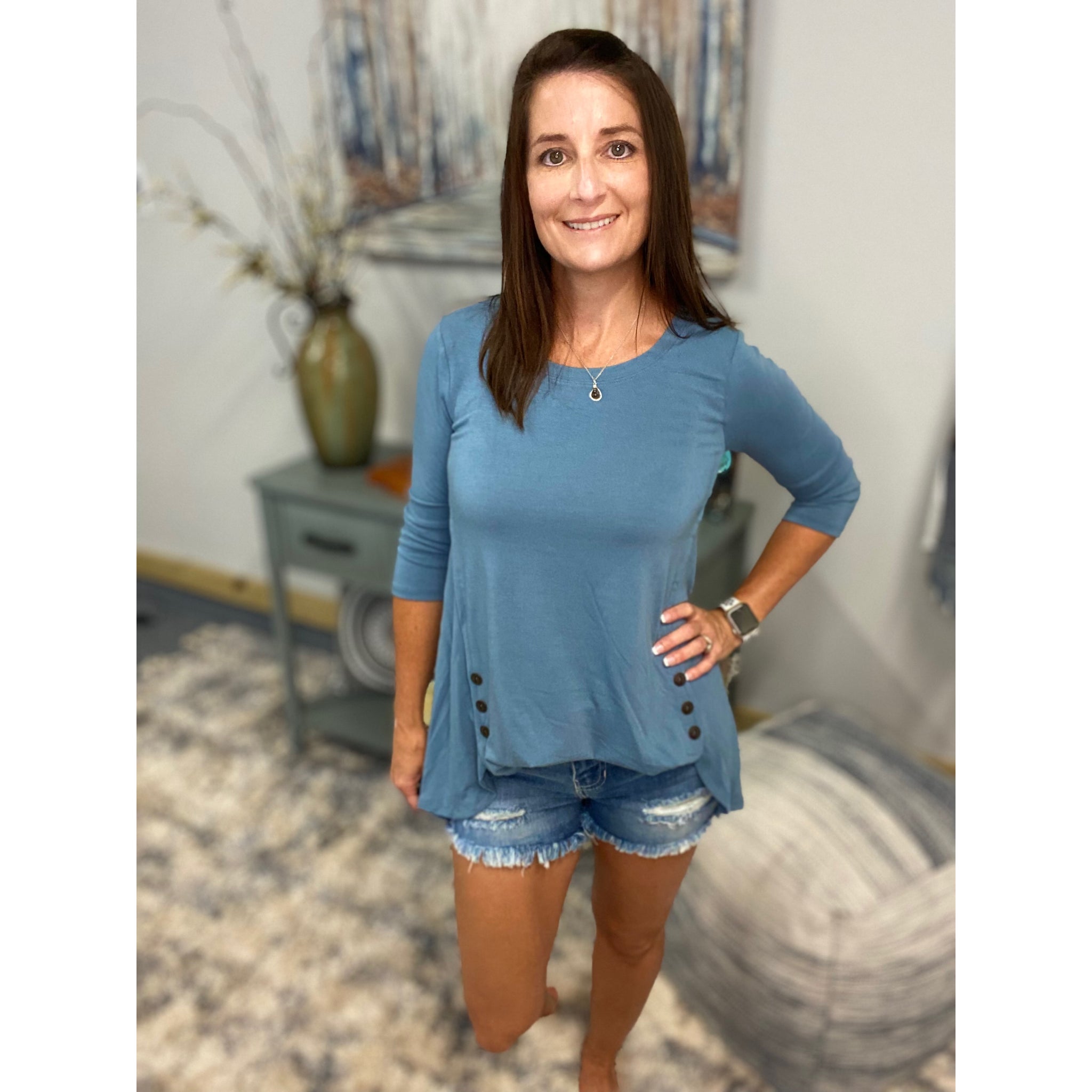 Round Neck Floaty Tunic 3/4 Sleeve With Wood Button Detail Blue S/M/L/XL