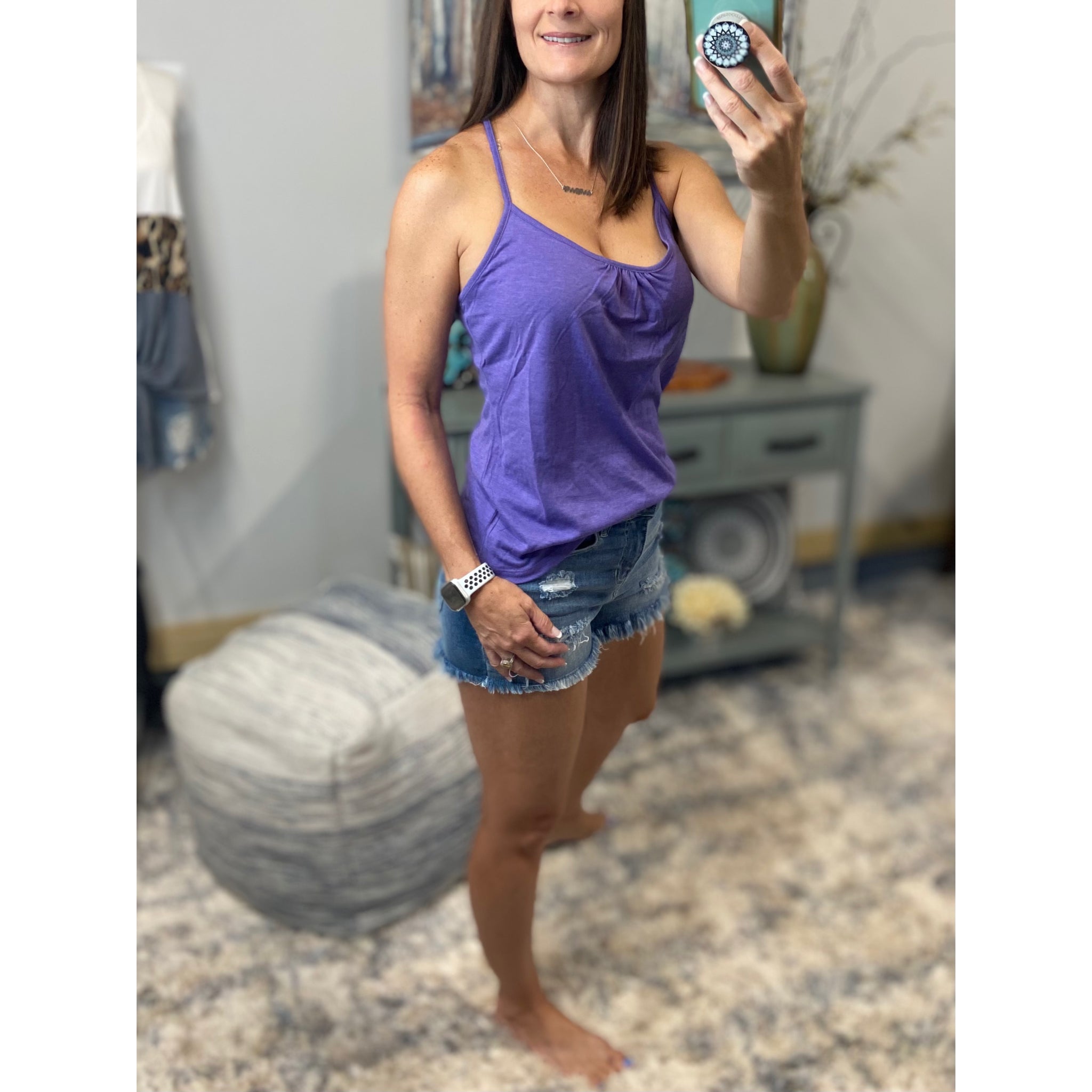 “Can’t Get Away” Low Cut Scoop Neck Mesh Racerback Shirred Tissue Tank Shirt Top Purple