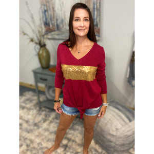 "Amanda" Sequined V-Neck Floaty Self Tie Color Block Long Sleeve Burgundy S/M/L