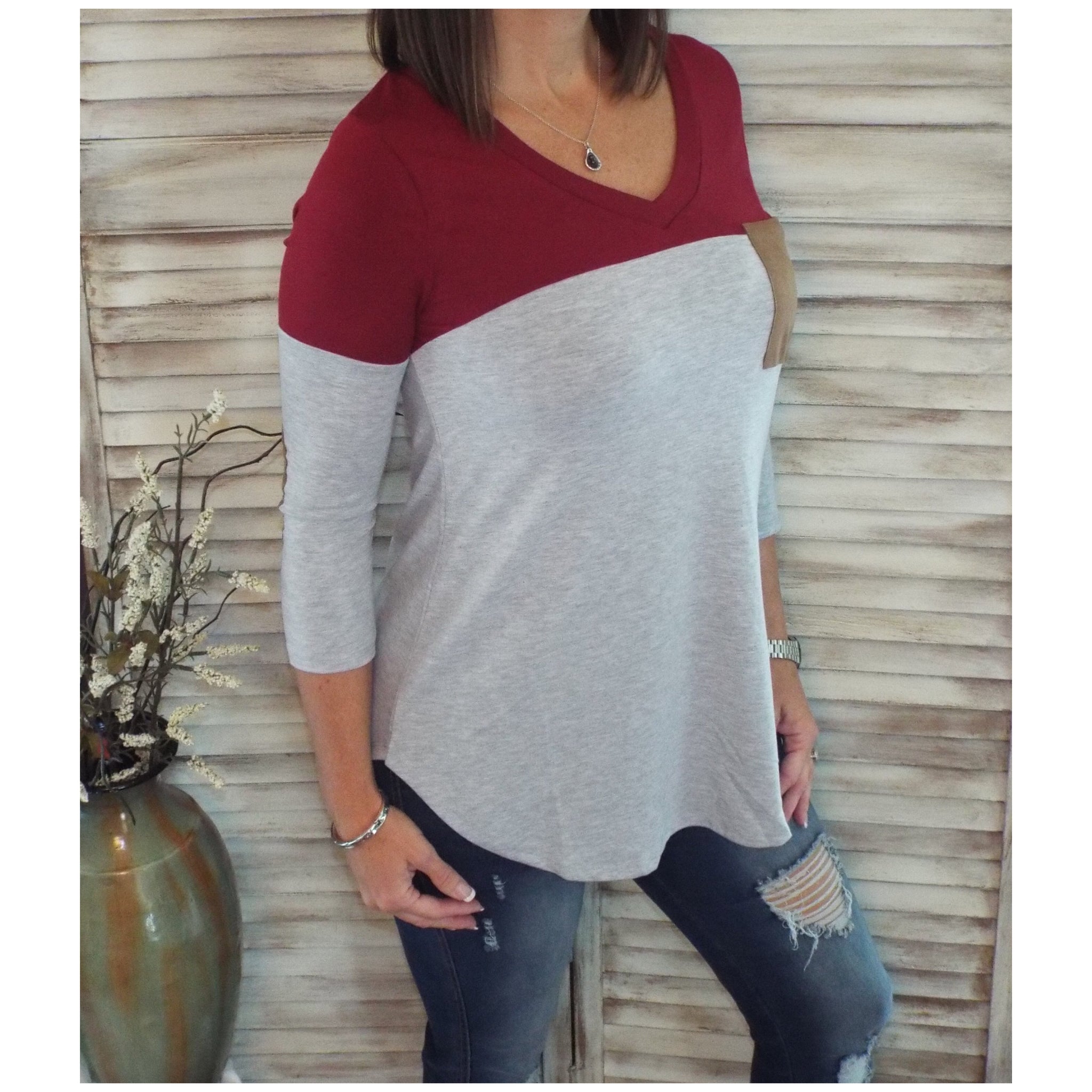 Suede Pocket Elbow Detail V-Neck Floaty Tunic 3/4 Sleeve Wine Gray S/M/L/XL