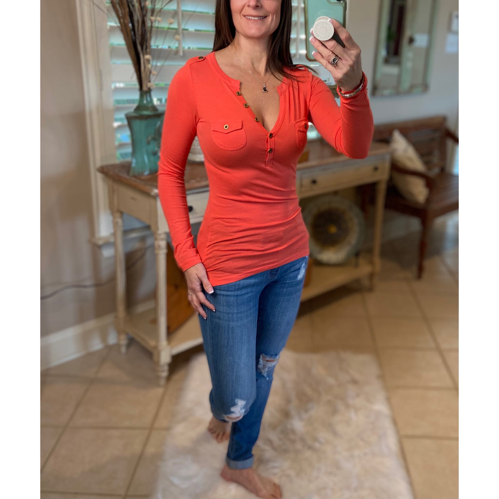 Sexy Deep V Neck Plunge Cleavage Military Henley Pocket Top Light Orange