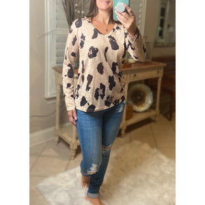 "Wild Child" V-Neck Floaty Animal Print Leopard Long Sleeve Taupe