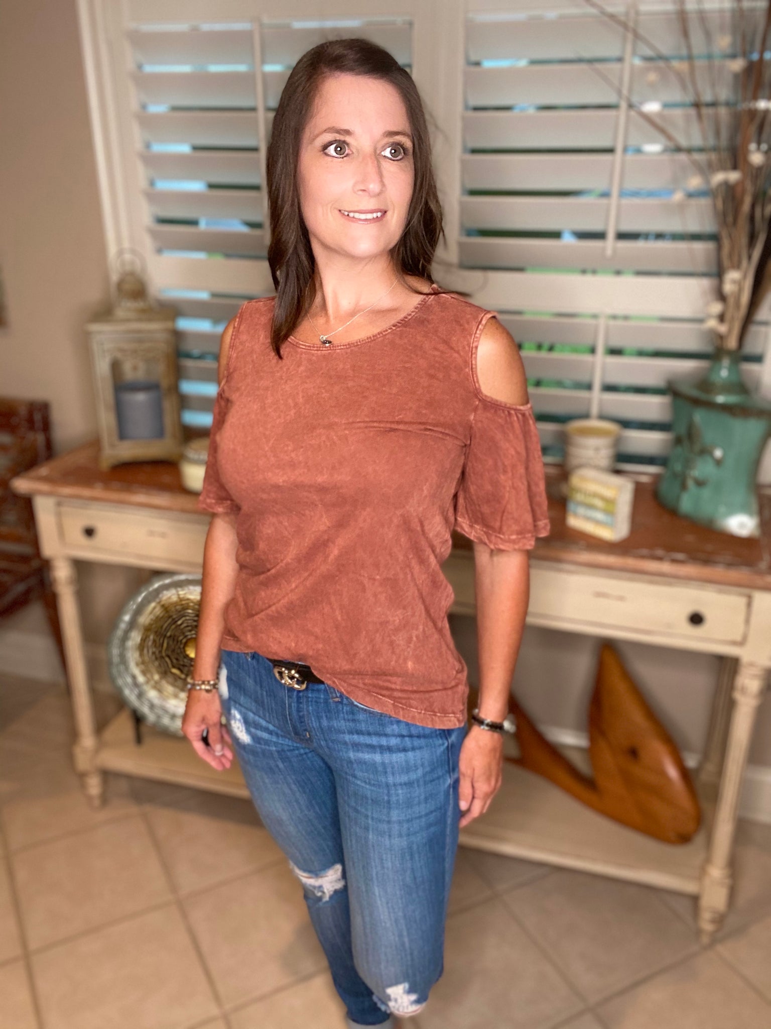 Sexy Scoop Neck Bell Sleeve Cold Shoulder Cutout Top Mineral Wash Rust