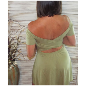 Sexy Off Shoulder Cross Back A-Line Short Sleeve Flare Dress Sage Green S/M/L