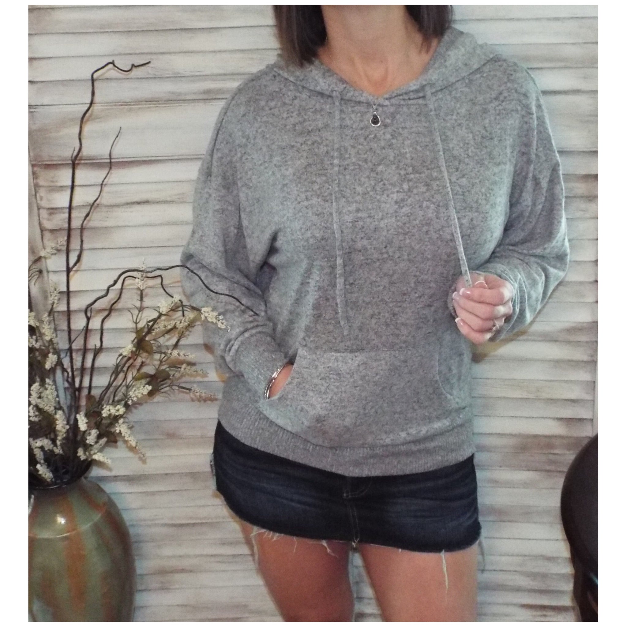 "Cute & Cozy" Plush Drawstring Brushed Hacci Sweater Knit Hoodie L/S Gray S/M/L