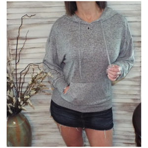 "Cute & Cozy" Plush Drawstring Brushed Hacci Sweater Knit Hoodie L/S Gray S/M/L