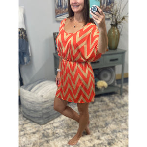 Sexy Chevron Zig Zag Print Batwing Dolman Elastic Waist Dress Tan/Coral S/M/L/XL