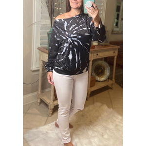“Spiraling Out of Control” Tie Dye Spiral Off Shoulder Boat Neck Banded Bottom Sweatshirt Black