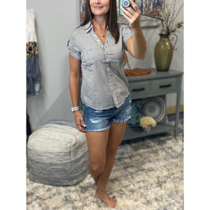 “Never Too Much” Striped V Neck Preppy Country Collar Pocket Button Up Short Tab Sleeve Navy