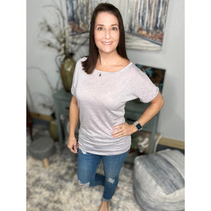 "Clouds Roll In" Wide Boat Neck Dolman Gauze Rolled Sleeve Ruched Sides Tunic Top Light Gray