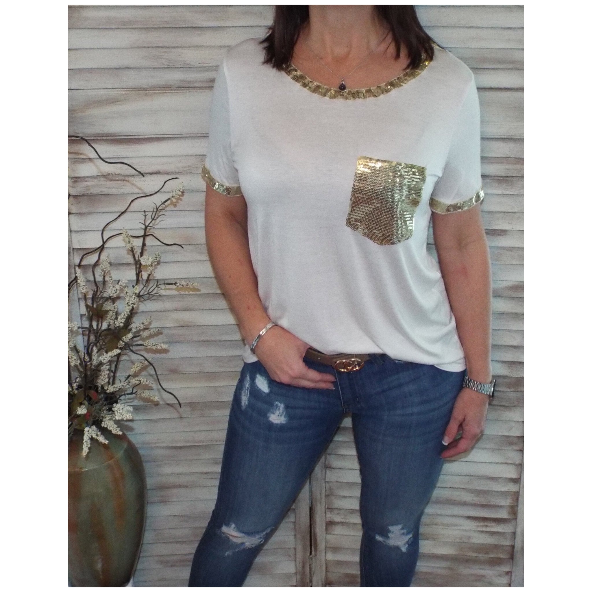Very Sexy Sequined Neck Sleeves Pocket Scoop Neck Top Shirt Tee White S/M/L