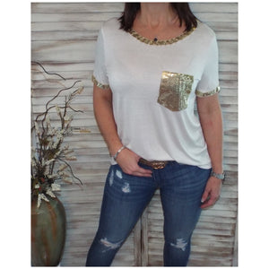 Very Sexy Sequined Neck Sleeves Pocket Scoop Neck Top Shirt Tee White S/M/L