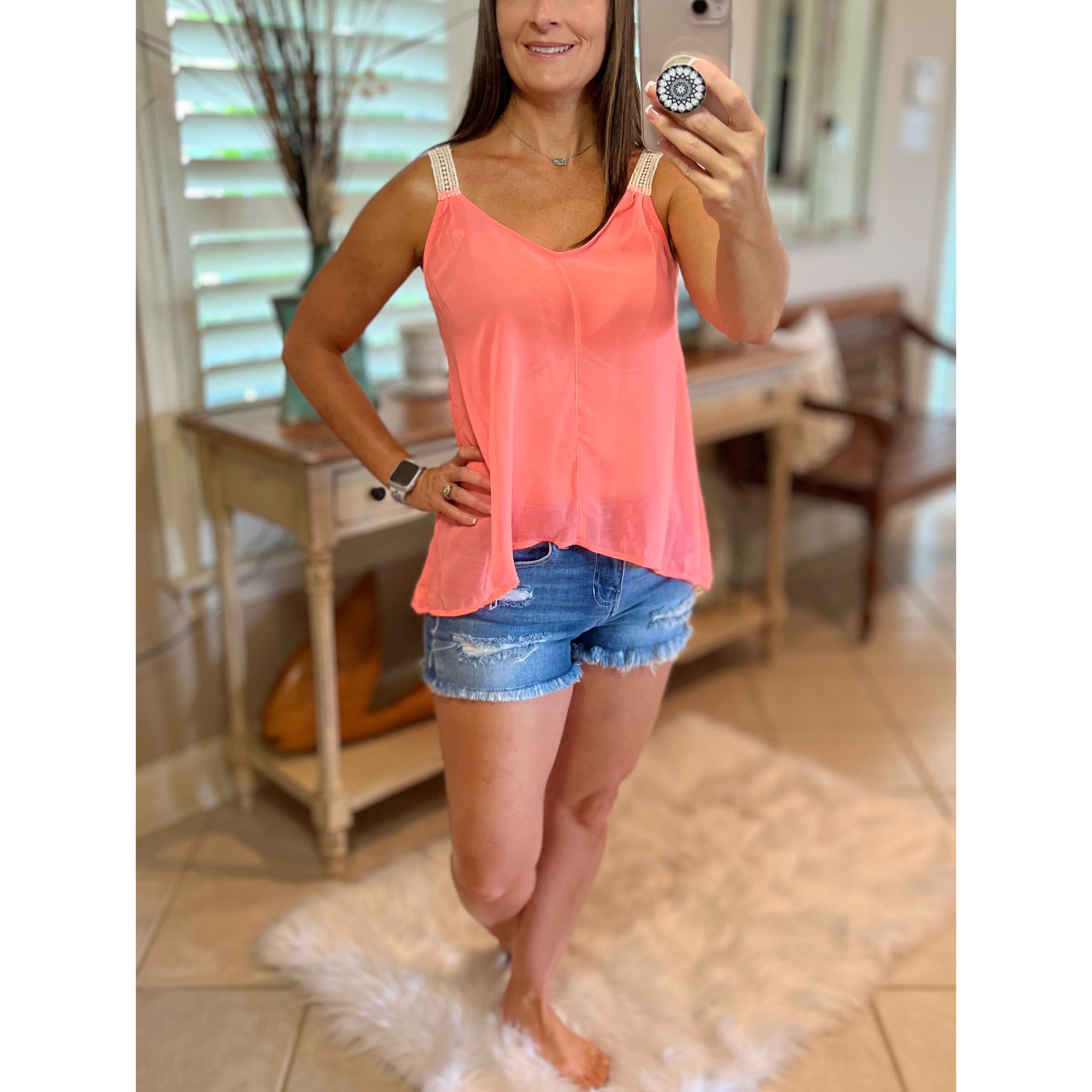 Sexy Chiffon Low Cut V- Neck Crochet Strap Tissue Tank Shirt Top Pink S/M/L