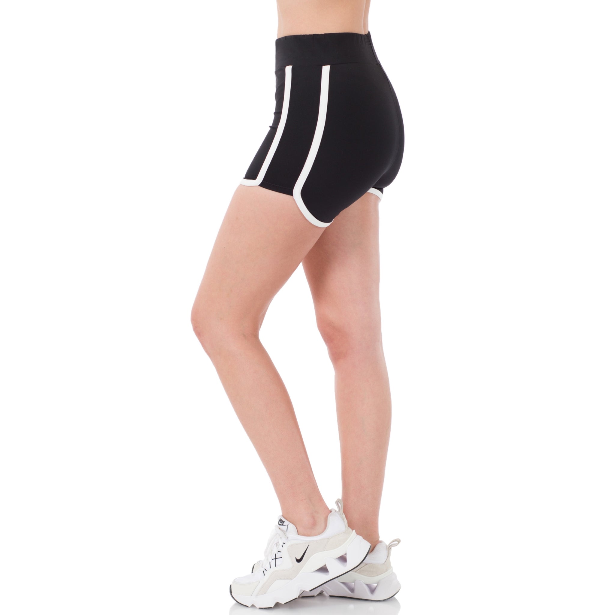 "Summer Hype" Athletic Sporty Elastic Waist Contrast Trim Dolphin Hem Shorts Black S/M/L/XL