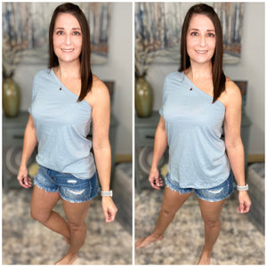 "We Are Strong" Sexy Top Womens Blue One Shoulder Short Sleeve Relaxed Cotton Beach