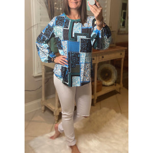 “I Have the Blues” Bohemian Floral Patchwork Print High Neck Boho Dressy Top Blue