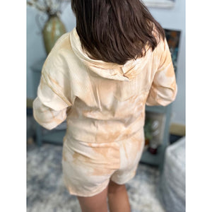 “Be The Light” Tie Dye Lounge Hoodie Drawstring Ribbed Long Sleeve Top & Shorts Set Peach