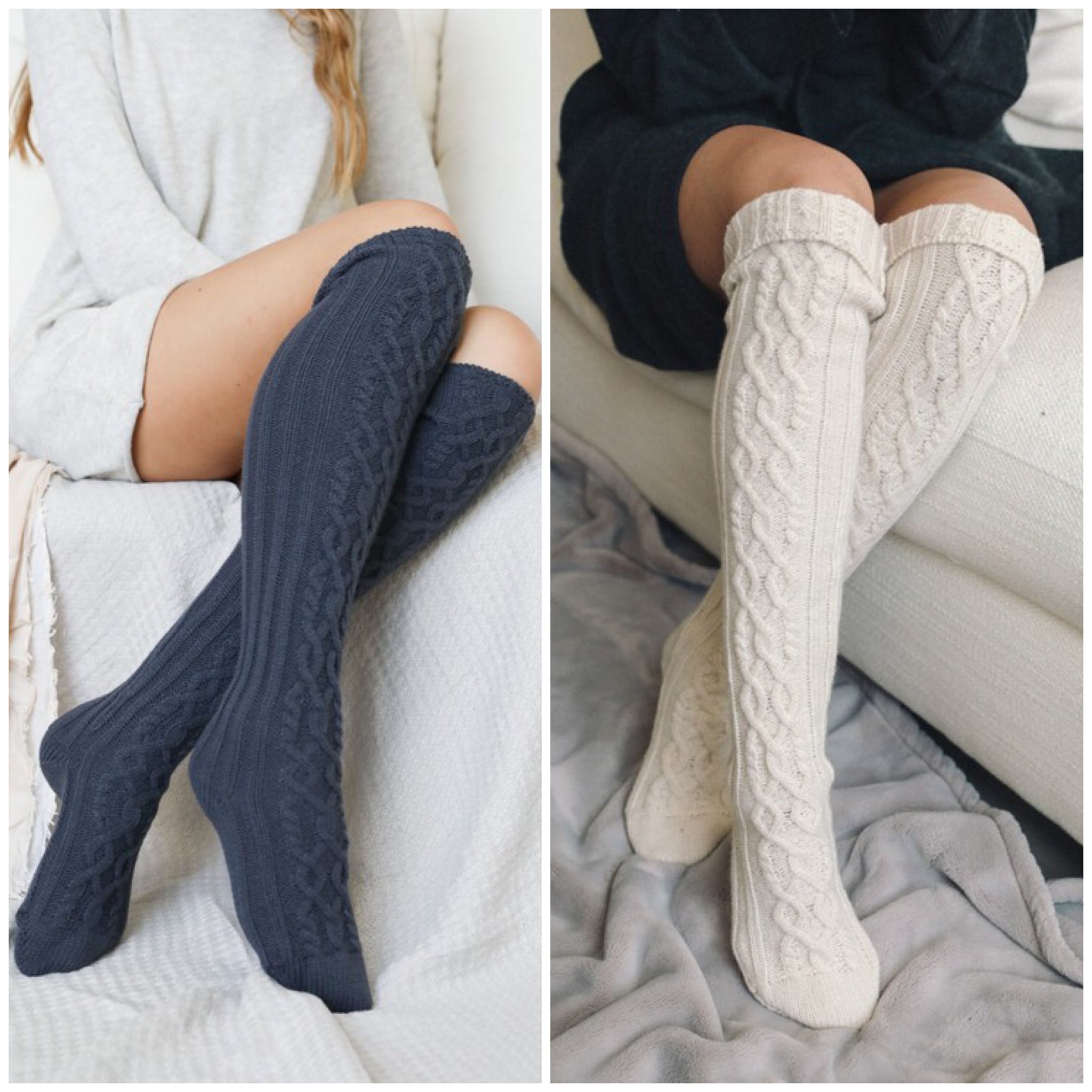 Cable Knit Over The Knee High Socks Womens Grey OTK 34 Long